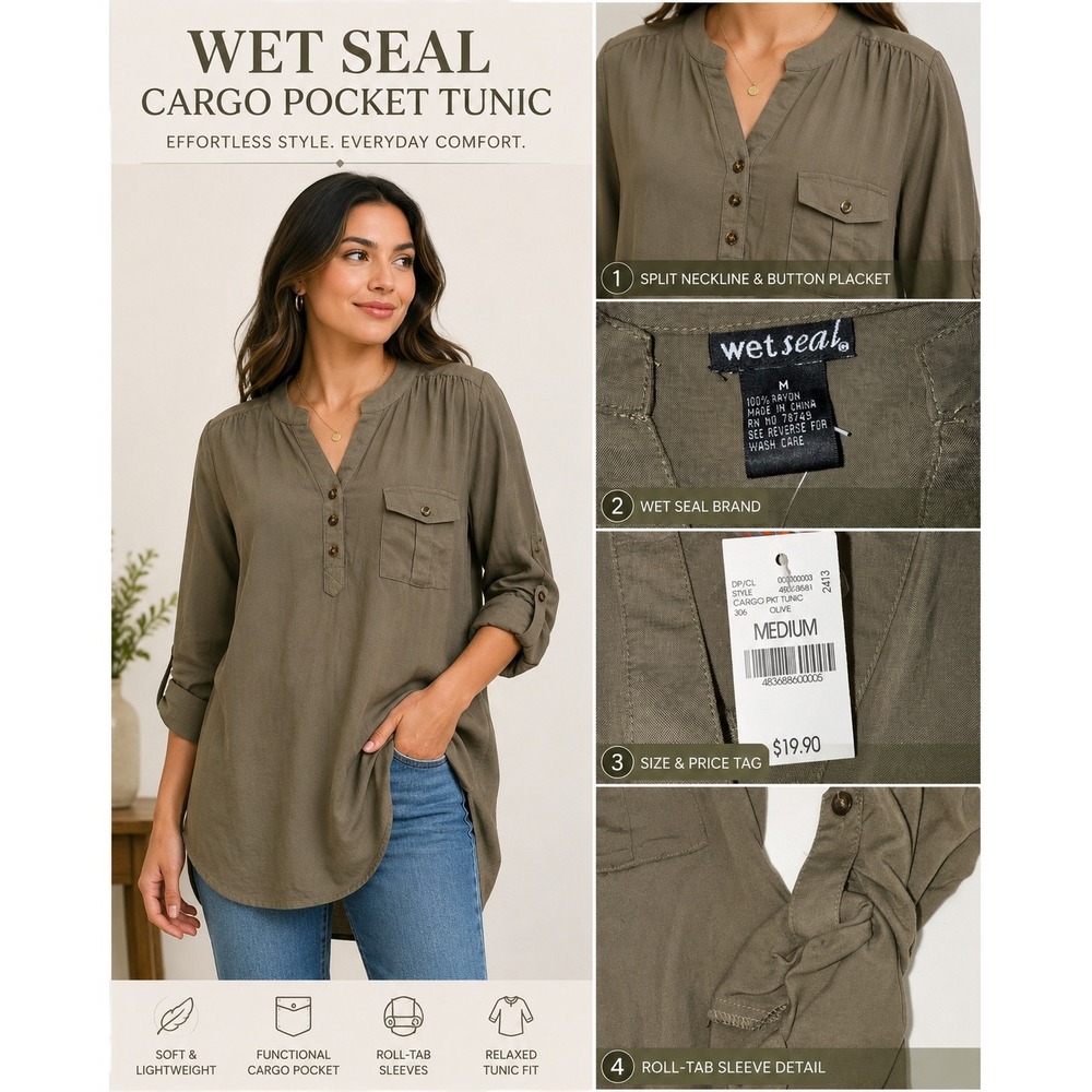 wet seal top medium NWT Olive Business Casual Buttons Henley utility New Y2K‎